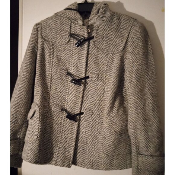Talbots womens size 8 gray white Herringbone Wool Blend Toggle Coat With Hood - Picture 1 of 11
